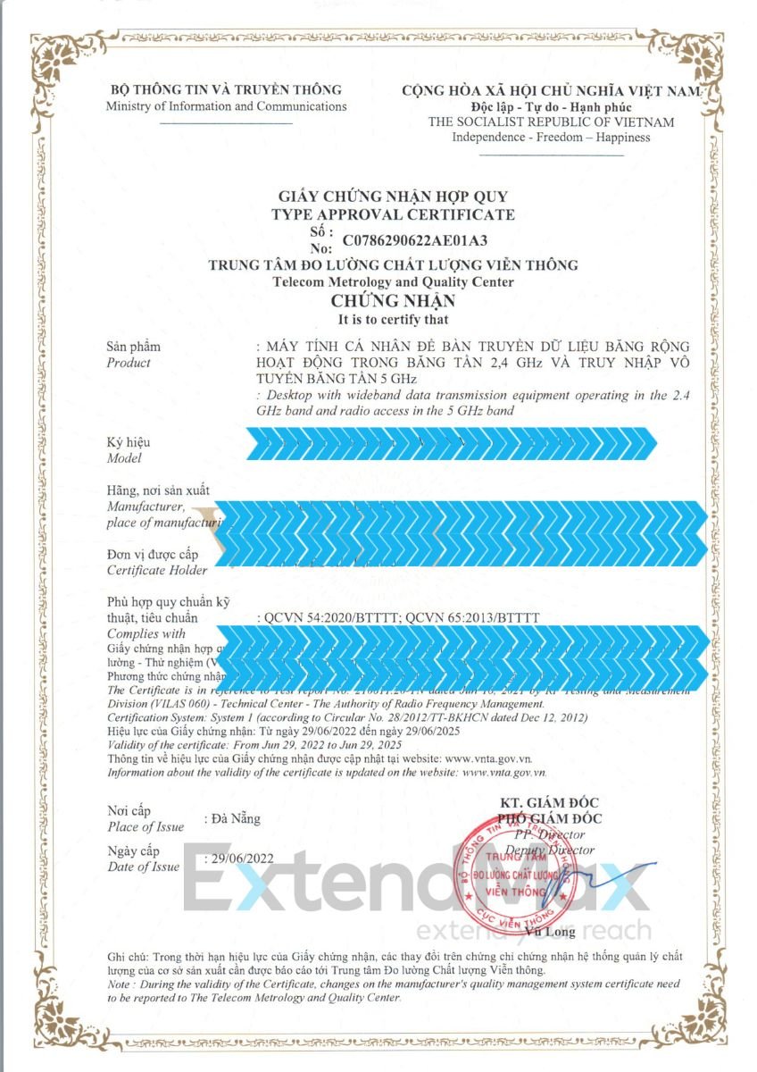 Mẫu giấy chứng nhận hợp quy máy tính cá nhân để bàn Desktop PC có thu phát sóng Wi-Fi